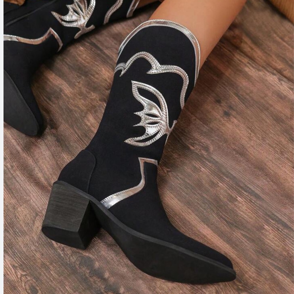 Black Faux Suede American Western Cowgirl Boots with Silver Butterfly Appliqué